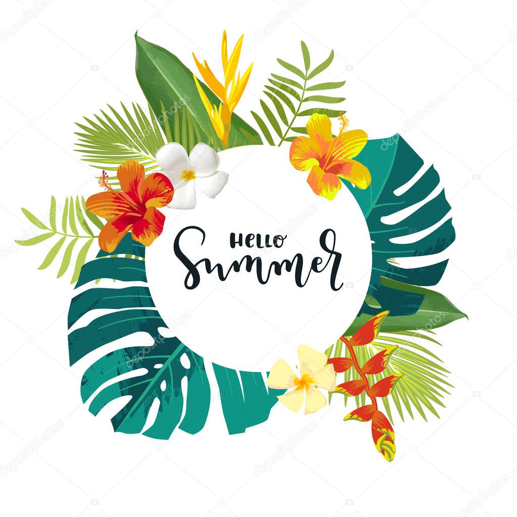Hello Summer calligraphy card. Summertime banner, poster with exotic tropical leaves, flowers. Bright jungle background. Vivid colors. Hawaiian beach party backdrop