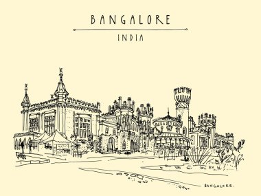 Bangalore (Bengaluru), Karnataka, Hindistan. Güzel Bangalore sarayı. Seyahat skeci. Eski el çizimi kartpostal şablonu. Vektör illüstrasyonu