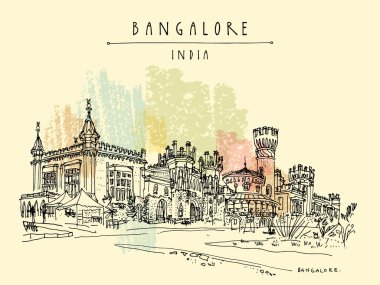 Bangalore (Bengaluru), Karnataka, Hindistan. Güzel Bangalore sarayı. Seyahat skeci. Eski el çizimi kartpostal şablonu. Vektör illüstrasyonu