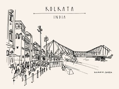 Kolkata, Hindistan. İngiliz döneminden kalma Howrah Junction Tren İstasyonu ve Hooghly (Hugli, Hoogli) Nehri üzerindeki Howrah Köprüsü. Kalıtsal koloni mimarisi. Ünlü tarihi simgeler. Vektör eli çizilmiş seyahat kartı