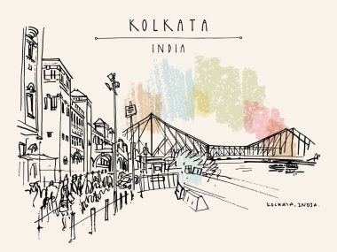 Kolkata, Hindistan. İngiliz döneminden kalma Howrah Junction Tren İstasyonu ve Hooghly (Hugli, Hoogli) Nehri üzerindeki Howrah Köprüsü. Kalıtsal koloni mimarisi. Ünlü tarihi simgeler. Vektör eli çizilmiş seyahat kartı