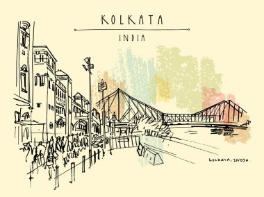 Kolkata, Hindistan. İngiliz döneminden kalma Howrah Junction Tren İstasyonu ve Hooghly (Hugli, Hoogli) Nehri üzerindeki Howrah Köprüsü. Kalıtsal koloni mimarisi. Ünlü tarihi simgeler. Vektör eli çizilmiş seyahat kartı