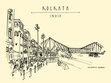 Kolkata, Hindistan. İngiliz döneminden kalma Howrah Junction Tren İstasyonu ve Hooghly (Hugli, Hoogli) Nehri üzerindeki Howrah Köprüsü. Kalıtsal koloni mimarisi. Ünlü tarihi simgeler. Vektör eli çizilmiş seyahat kartı