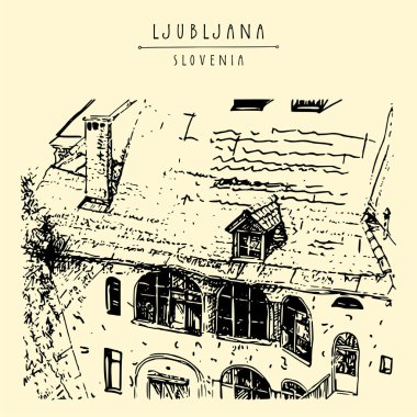 Ljubljana, Slovenya, Avrupa. Eski kasabada bir ev, çatısı olan eski güzel bir çatı. Sanatsal mimari çizim. Seyahat skeci. El yapımı seyahat kartpostalı. EPS10 vektör illüstrasyonu