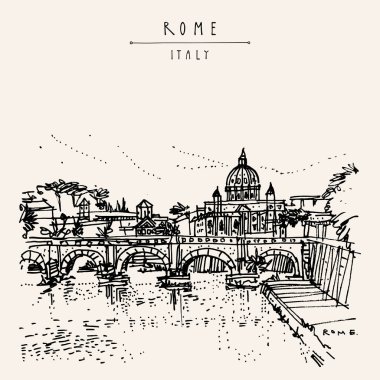 Roma, İtalya, Avrupa. Tiber Nehri, St. Angelo Köprüsü (Aelian Köprüsü, Pons Aelius, Hadrian Köprüsü) ve St. Peter Bazilikası skeci. El yapımı seyahat kartpostalı. EPS10 vektör illüstrasyonu