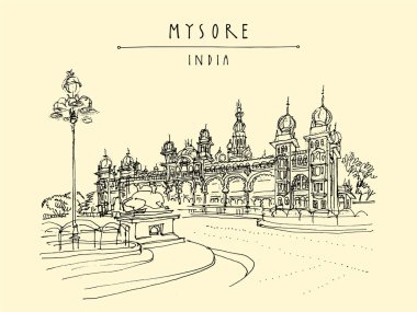 Mysore (Mysuru), Karnataka, Hindistan. Sarayım. Seyahat skeci. Eski el çizimi kartpostal şablonu. Vektör