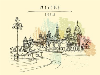 Mysore (Mysuru), Karnataka, Hindistan. Sarayım. Seyahat skeci. Eski el çizimi kartpostal şablonu. Vektör