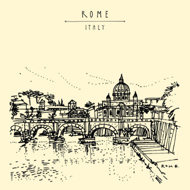 Roma, İtalya, Avrupa. Tiber Nehri, St. Angelo Köprüsü (Aelian Köprüsü, Pons Aelius, Hadrian Köprüsü) ve St. Peter Bazilikası skeci. El yapımı seyahat kartpostalı. EPS10 vektör illüstrasyonu