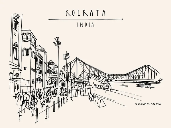 Calcuta India British Era Howrah Junction Railway Station Howrah Bridge — Archivo Imágenes Vectoriales