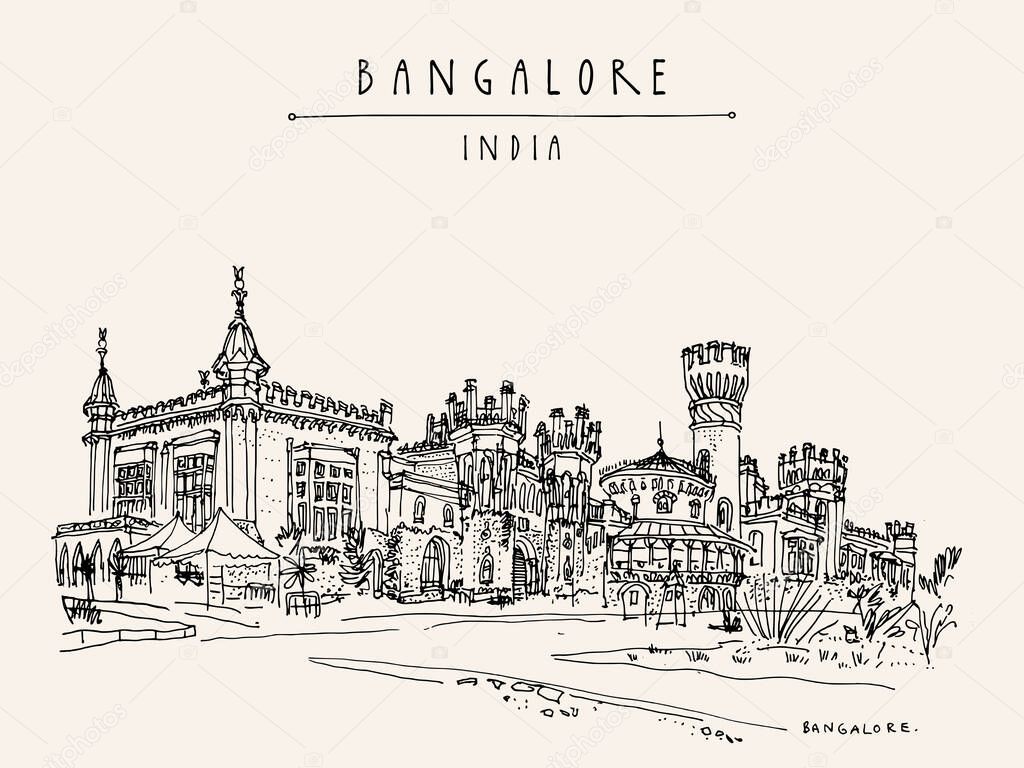 Bangalore (Bengaluru), Karnataka, India. Beautiful Bangalore palace. Travel sketch. Vintage hand drawn postcard template. Vector illustration