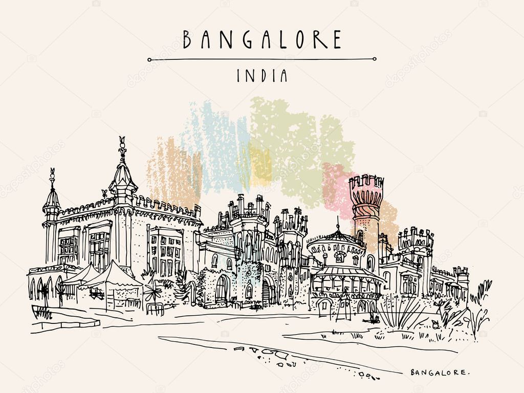 Bangalore (Bengaluru), Karnataka, India. Beautiful Bangalore palace. Travel sketch. Vintage hand drawn postcard template. Vector illustration