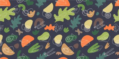Sıvı organik şekilli kusursuz desen ve koyu arka planda elle çizilmiş sebzeler. Organik gıda restoranının tasarım şablonu. Sağlıklı yaşam tarzı duvar kağıdı tasarımı. EPS10 vektör illüstrasyonu