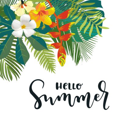 Merhaba Yaz Kaligrafi Kartı. Dikey yazlık afiş, egzotik tropik yapraklı poster, çiçekler. Parlak orman geçmişi. Canlı renkler. Hawaii plaj partisi arkaplanı