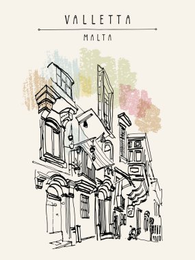 Valletta, Malta, Avrupa. Eski kasabadaki yaya sokağı. Güzel tarihi binalar. Seyahat çizimi. Poster, kartpostal şablonu, kitap çizimi