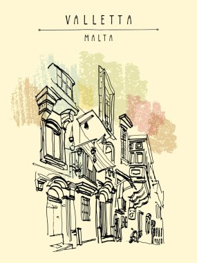 Valletta, Malta, Avrupa. Eski kasabadaki yaya sokağı. Güzel tarihi binalar. Seyahat çizimi. Poster, kartpostal şablonu, kitap çizimi