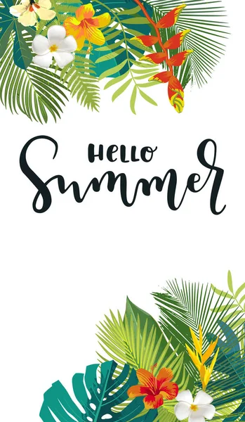 Hola Tarjeta Caligrafía Verano Bandera Vertical Verano Póster Con Hojas — Vector de stock