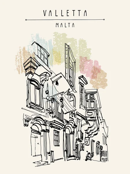 瓦莱塔 马耳他 欧洲旧城区的行人街 漂亮的历史建筑 旅行素描 明信片模板 — 图库矢量图片