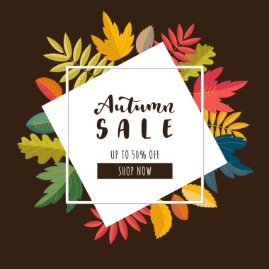 Sonbahar indirimi reklam afişi. Yüzde 50 'ye varan indirim teklifi. Parlak sıcak renk tasarımı. Renkli dökülen yapraklar. Canlı, iyimser, sulu renkler. Şişme harfler. Vektör illüstrasyonu