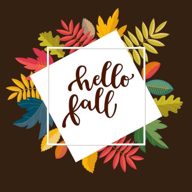 Merhaba sonbahar sosyal medya pazarlama, mağaza promosyonu, hikaye tasarımı. Parlak sıcak renk tasarımı. Renkli dökülen yapraklar. Canlı, iyimser, sulu renkler. Şişme harfler. Vektör