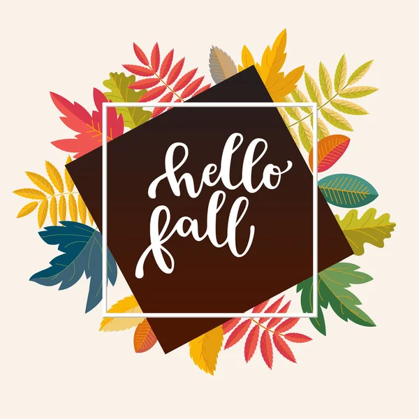 Merhaba sonbahar sosyal medya pazarlama, mağaza promosyonu, hikaye tasarımı. Parlak sıcak renk tasarımı. Renkli dökülen yapraklar. Canlı, iyimser, sulu renkler. Şişme harfler. Vektör