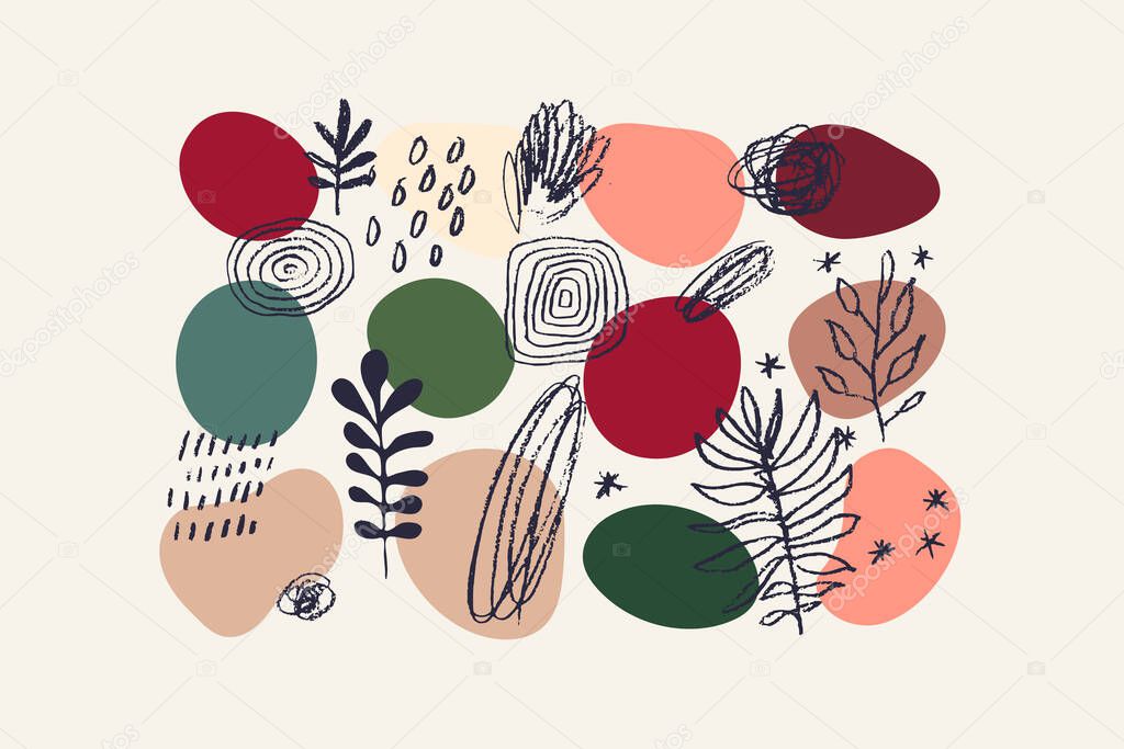 Abstract design elements sketch set. Hand drawn trees, leaves, rainbow, cloud, rain. Trendy muted colors. Liquid organic shapes. Isolated graphic elements. Vector eps 10 illustration