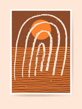 Yüzyılın ortalarında Boho tarzı ev dekorasyonu. Modern bohem büyülü soyut günbatımı gökkuşağı manzarası. Çağdaş sanatsal minimalist baskı. Tarafsız terracotta renklerinde, toprak tonlarında çocuk odası sanatı. Vektör illüstrasyonu