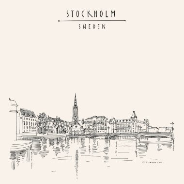 Vektör Stockholm kartpostalı. Stockholm, İsveç, İskandinavya, Avrupa 'nın Panoraması. Gamla Stan (Eski kasaba) seyahat skeci. Vektör içinde klasik turistik kartpostal, poster veya kitap illüstrasyonu