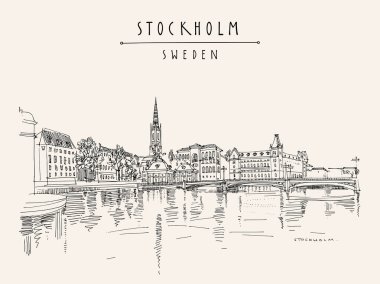 Vektör Stockholm kartpostalı. Stockholm, İsveç, İskandinavya, Avrupa 'nın Panoraması. Gamla Stan (Eski kasaba) seyahat skeci. Vektör içinde klasik turistik kartpostal, poster veya kitap illüstrasyonu