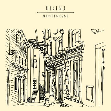Ulcinj, Karadağ, Balkanlar ve Avrupa 'nın kartpostalları. Dar bir sokakta evler. Çizgi roman çizimi. El çizimi sanatsal kartpostal, poster şablonu, turistik illüstrasyon geçmişi. Vektör EPS10