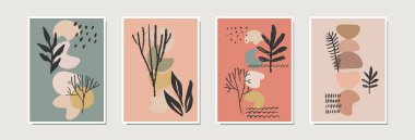 Soyut çağdaş sanatsal kartlar, posterler, baskılar. Ev dekorasyonu, çerçevelenmiş duvar sanatı tarafsız teras renklerinde elle çizilmiş ağaçlar. Organik doğal şekiller. Vektör EPS10 modern illüstrasyon