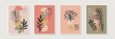 Soyut çağdaş sanatsal kartlar, posterler, baskılar. Ev dekorasyonu, çerçevelenmiş duvar sanatı tarafsız teras renklerinde elle çizilmiş ağaçlar. Organik doğal şekiller. Vektör EPS10 modern illüstrasyon