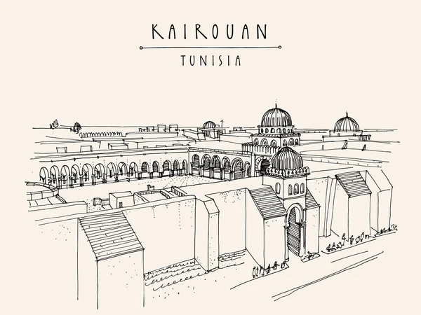 Kairouan Tunus Elden Kartpostal Çekmiş Kairouan Daki Cami Tunus Kuzey — Stok Vektör