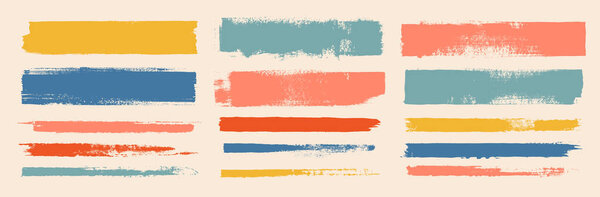 Прямые векторные мазки кистью. Векторная граненая винтажная мутная цветная полоска, нарисованная вручную ризо-принтом. Набор градиентных мазков градиента градиента песка. Грубая гранж стесненная текстура краски. Текстовые поля прямоугольника
