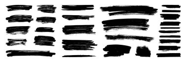 Fırça darbesi seti. Siyah leke dokusu arkaplan soyut vektör mürekkebi sıçraması. kaba boya fırçası izi şekil çerçeveleri. Suluboya lekeleri, işaret çizgileri. Kömür çizgileri. Kalın çirkin karalamalar bg