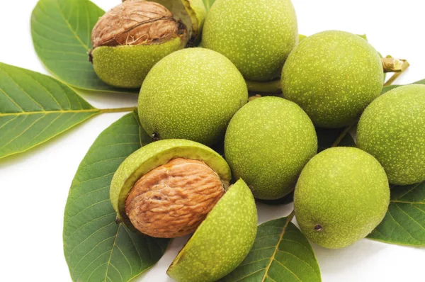 Groene Walnoten Met Bladeren Geïsoleerd Een Witte Achtergrond — Stockfoto