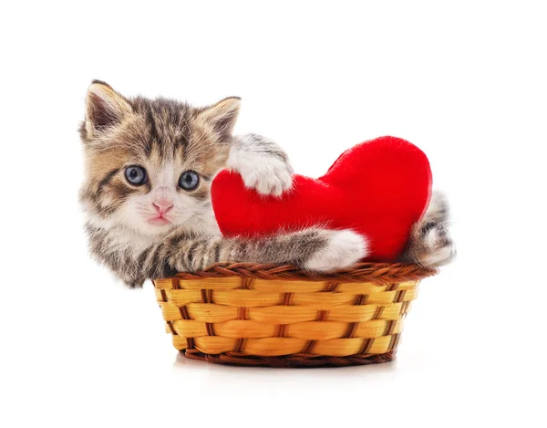 Кошеня Кошику Серцем Ізольовано Білому Тлі — стокове фото