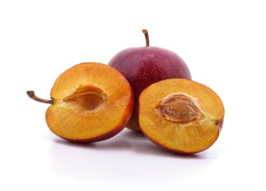 Taze erik tohumu, beyaz arka planda izole edilmiş tohum, sağlıklı gıda kavramları, meyve besinleri, yaz hasadı ve organik ürün tasarımı için mükemmel..