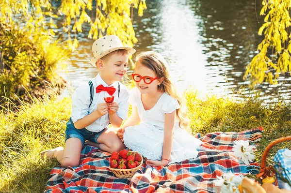 Dzieci Truskawki Lato Miłość Słoneczny Dzień — Zdjęcie stockowe