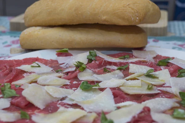 Raw Meat Albese Parmesan Bread Background — Stock Photo, Image