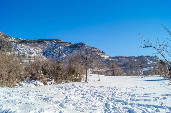 Panorama Montaña Invierno Con Nieve Día Soleado —  Fotos de Stock