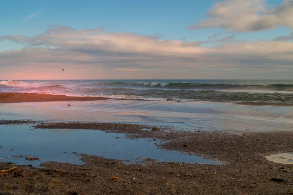 Coucher Soleil Sur Plage Hiver Gelé — Photo