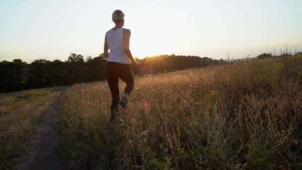 Belle joggeuse féminine qui court dans le champ de blé au ralenti — Video