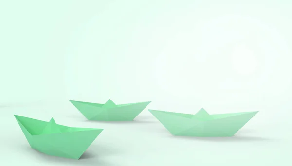 折叠船和商界领袖的想法在图形绿色背景 3D渲染 最小艺术 剪纸风格 — 图库照片