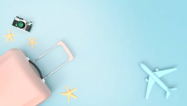 Bagaj çantası , Pembe bavul Yaz- tatil tatil ve kopya alanı için pastel mavi arka plan uçak seyahat konsepti - 3d render