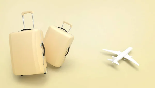 行李袋 手提箱黄色和暑假假期旅行飞机概念上柔和的黄色背景 3D渲染 — 图库照片
