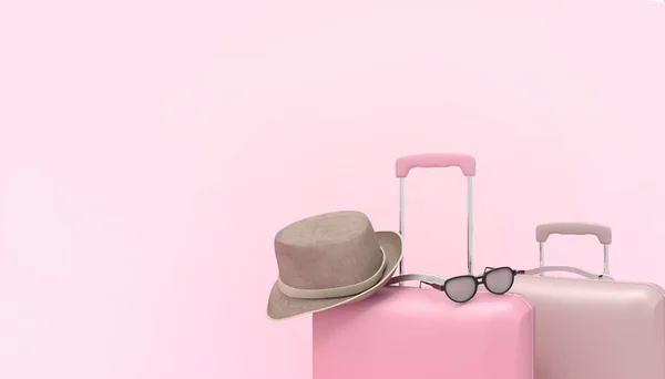 Bagage Tas Platte Lay Roze Koffer Met Zonnebril Hoed Pastel — Stockfoto