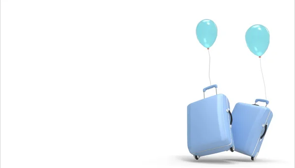 Bagage Tas Koffer Pastel Blauw Ballonnen Geïsoleerd Een Witte Achtergrond — Stockfoto