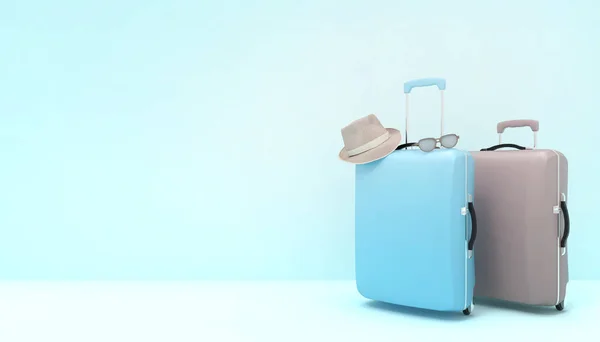 Bagage Tas Koffer Blauwe Zomer Vakantie Reizen Pastel Blauwe Achtergrond — Stockfoto