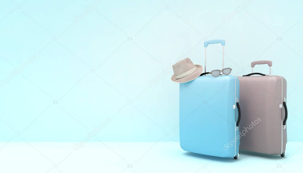 Luggage bag , suitcase blue Summer- holidays and travel on pastel blue background for copy space - 3d rendering