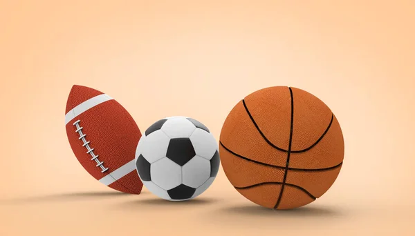 Ποδόσφαιρο Μπάλα Μπάσκετ Αμερικάνικο Ποδόσφαιρο Αθλήματα Πορτοκαλί Χρώμα Φόντο Απόδοση — Φωτογραφία Αρχείου